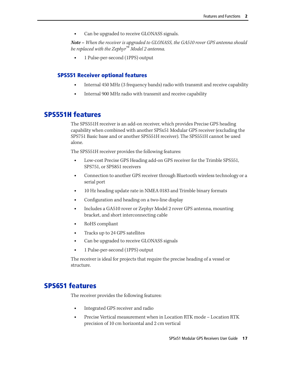 Sps551 receiver optional features, Sps551h features, Sps651 features | Sps551h features sps651 features | Trimble Outdoors SPSX51 User Manual | Page 19 / 188