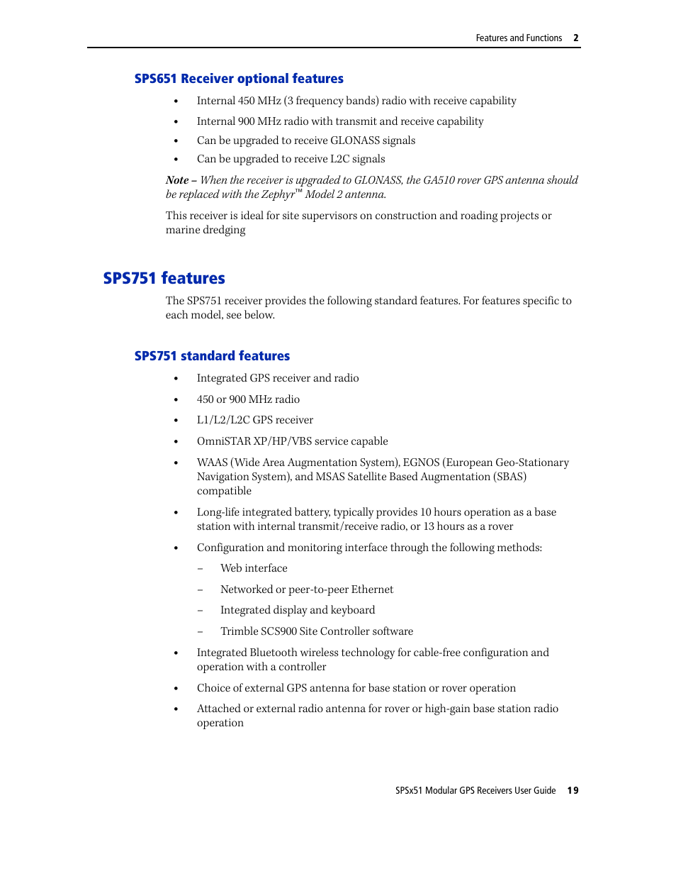 Sps651 receiver optional features, Sps751 features, Sps751 standard features | Sps751 | Trimble Outdoors SPSX51 User Manual | Page 21 / 188