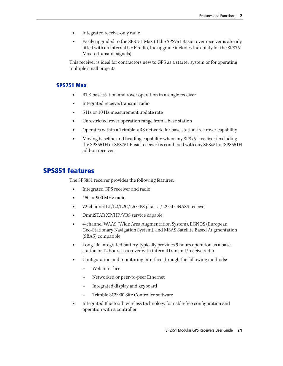 Sps751 max, Sps851 features | Trimble Outdoors SPSX51 User Manual | Page 23 / 188