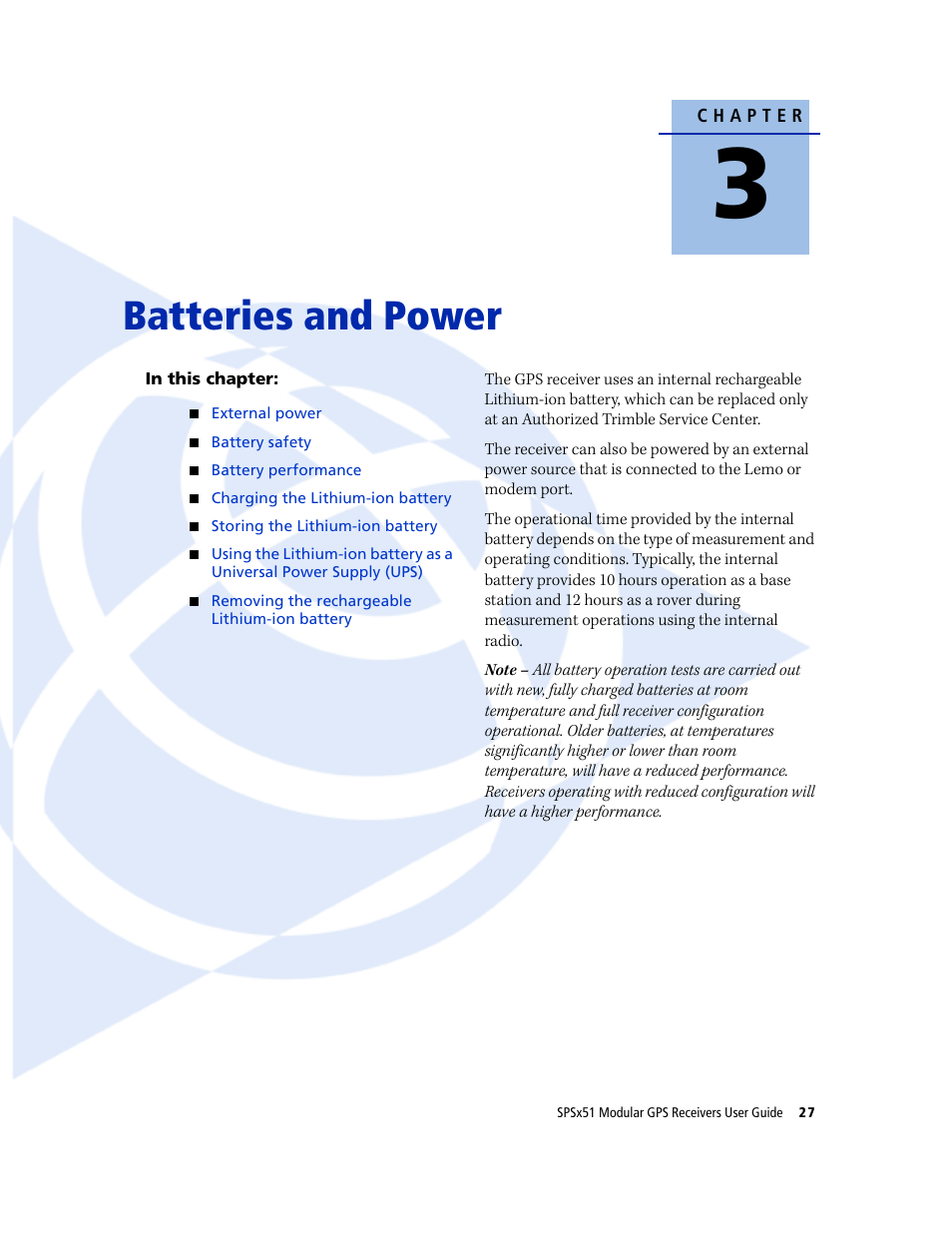 Batteries and power | Trimble Outdoors SPSX51 User Manual | Page 29 / 188