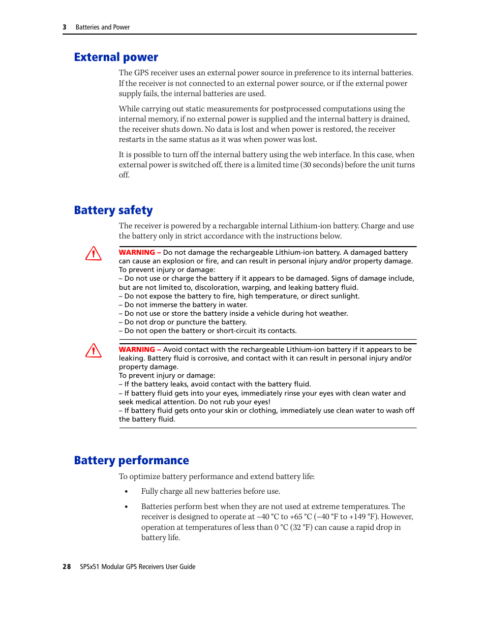 External power, Battery safety, Battery performance | External power battery safety | Trimble Outdoors SPSX51 User Manual | Page 30 / 188