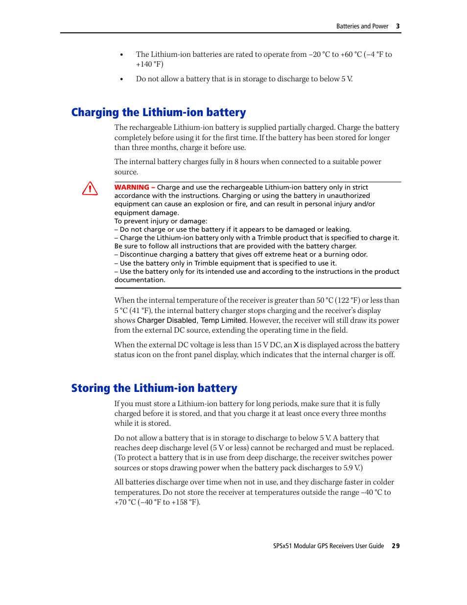 Charging the lithium-ion battery, Storing the lithium-ion battery | Trimble Outdoors SPSX51 User Manual | Page 31 / 188