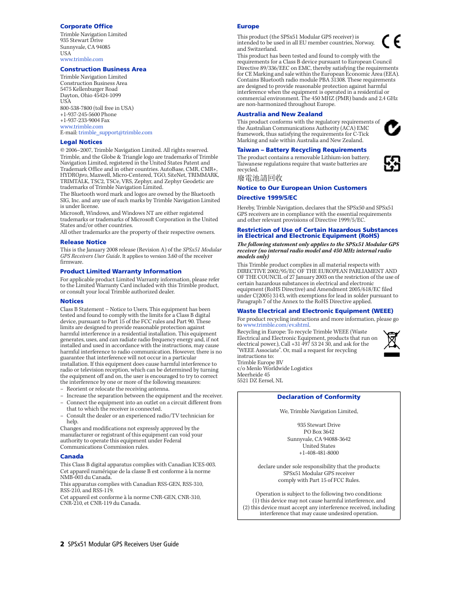 Legal notices | Trimble Outdoors SPSX51 User Manual | Page 4 / 188