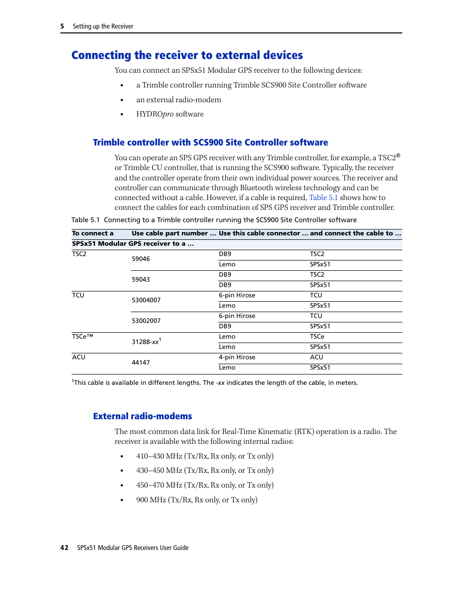 Connecting the receiver to external devices, External radio-modems | Trimble Outdoors SPSX51 User Manual | Page 44 / 188