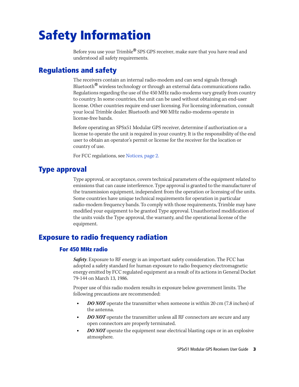 Safety information, Regulations and safety, Type approval | Exposure to radio frequency radiation, For 450 mhz radio | Trimble Outdoors SPSX51 User Manual | Page 5 / 188