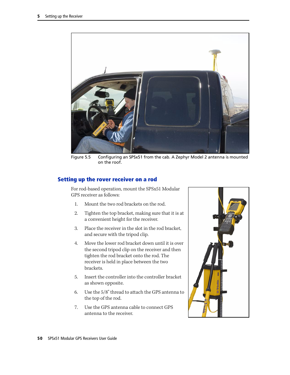 Setting up the rover receiver on a rod | Trimble Outdoors SPSX51 User Manual | Page 52 / 188