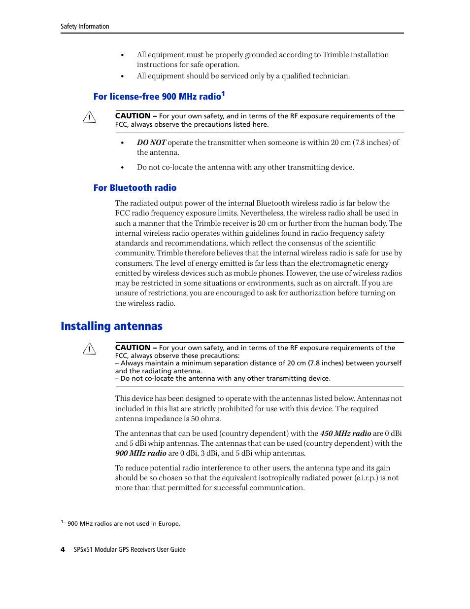 For license-free 900 mhz radio, For bluetooth radio, Installing antennas | Trimble Outdoors SPSX51 User Manual | Page 6 / 188