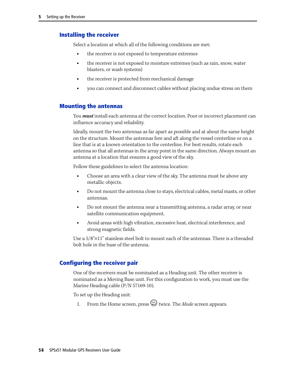 Installing the receiver, Mounting the antennas, Configuring the receiver pair | Configuring the | Trimble Outdoors SPSX51 User Manual | Page 60 / 188