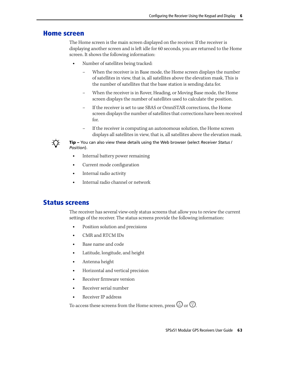 Home screen, Status screens, Home screen status screens | Trimble Outdoors SPSX51 User Manual | Page 65 / 188