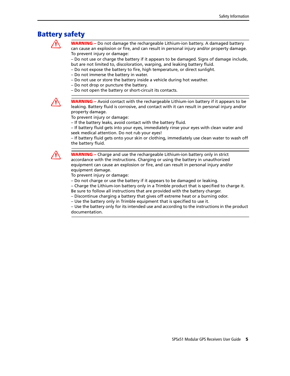Battery safety | Trimble Outdoors SPSX51 User Manual | Page 7 / 188