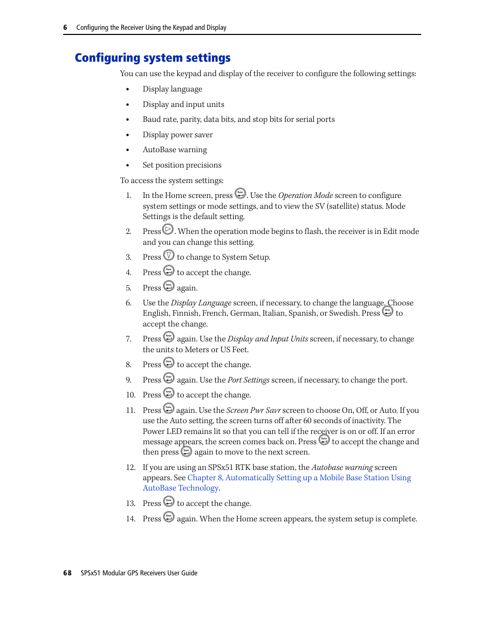 Configuring system settings | Trimble Outdoors SPSX51 User Manual | Page 70 / 188