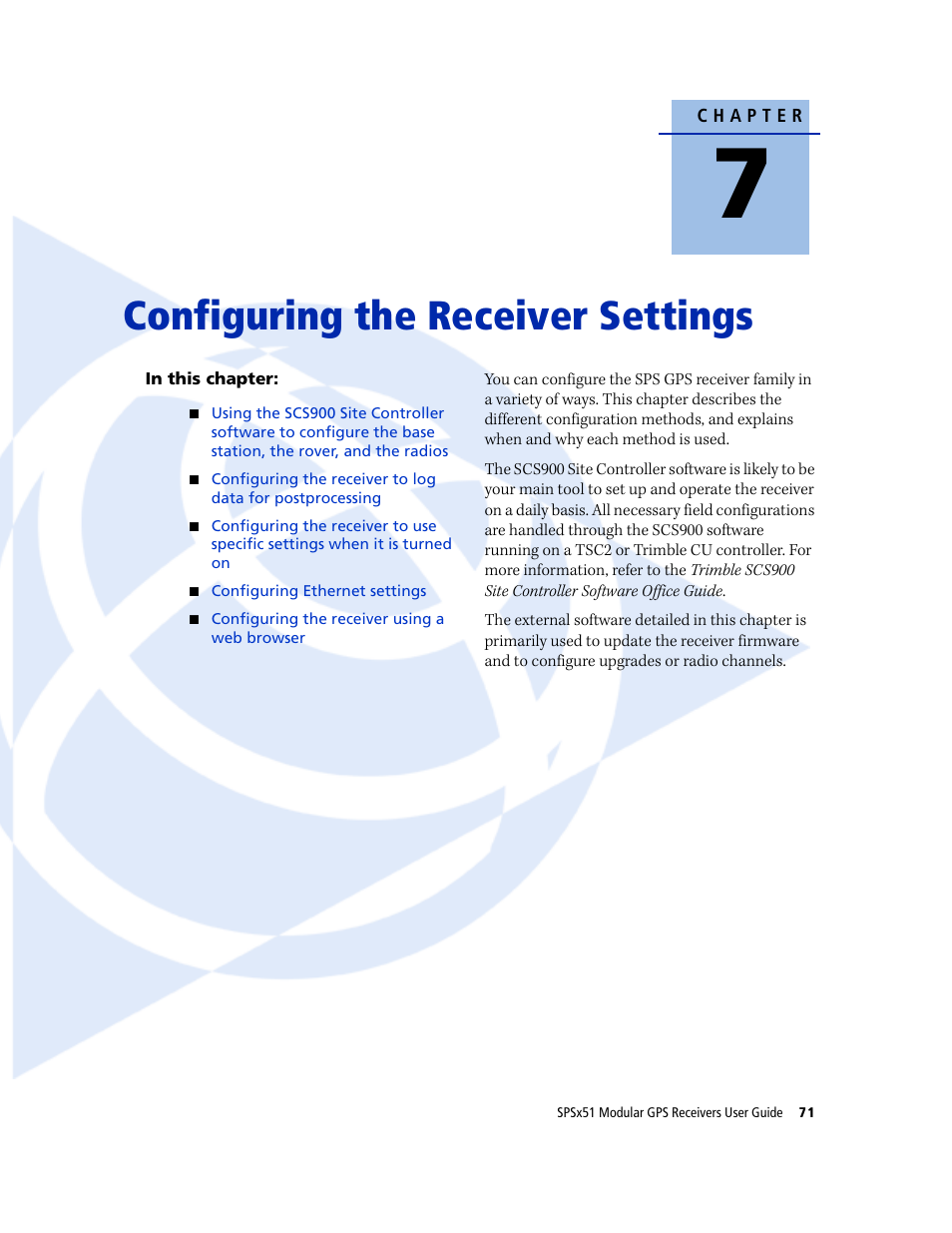 Configuring the receiver settings | Trimble Outdoors SPSX51 User Manual | Page 73 / 188