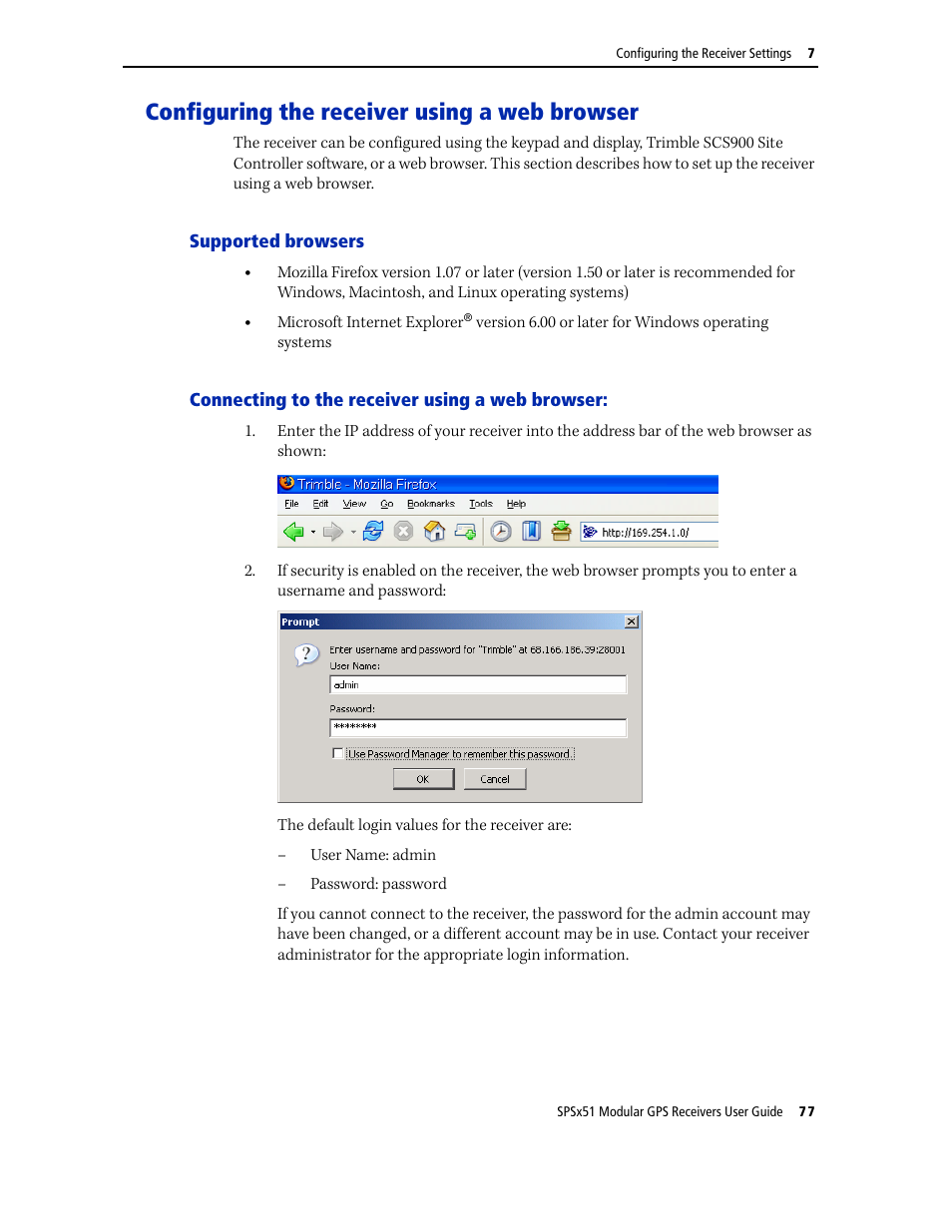 Configuring the receiver using a web browser, Supported browsers, Connecting to the receiver using a web browser | Trimble Outdoors SPSX51 User Manual | Page 79 / 188