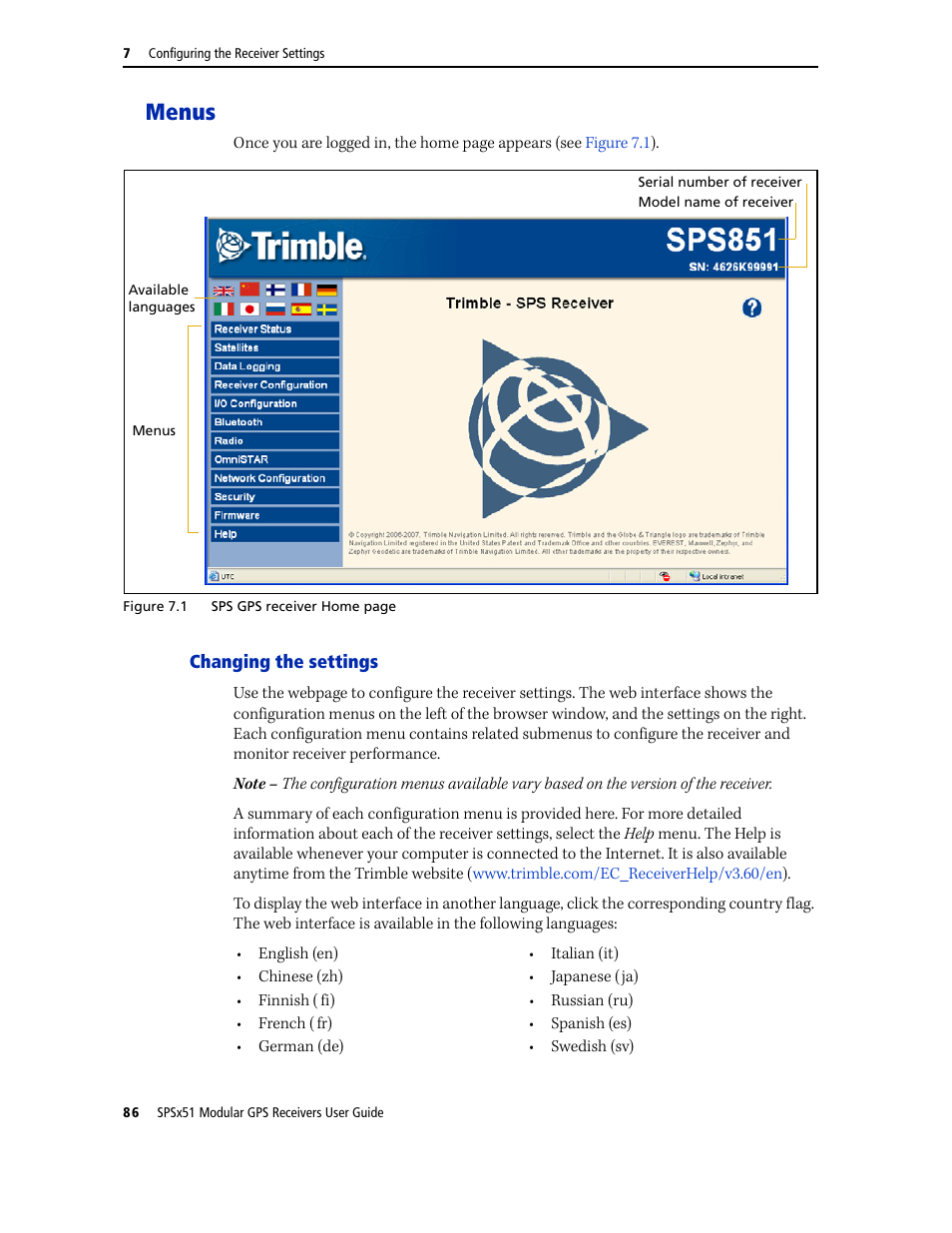 Menus, Changing the settings | Trimble Outdoors SPSX51 User Manual | Page 88 / 188