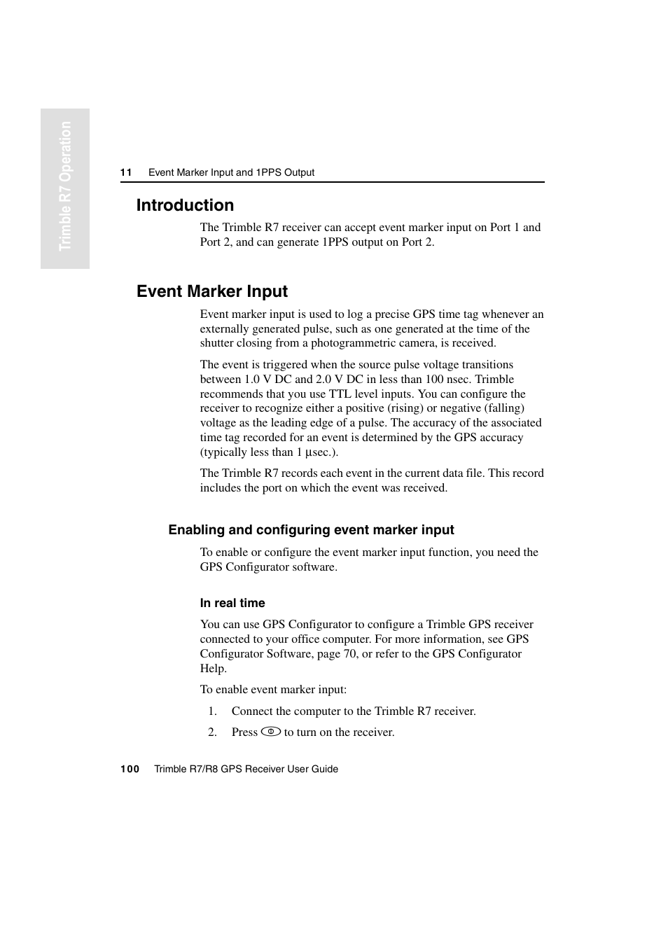 Introduction, Event marker input, Enabling and configuring event marker input | Introduction event marker input, Tr imble r7 operation | Trimble Outdoors R7 User Manual | Page 112 / 222