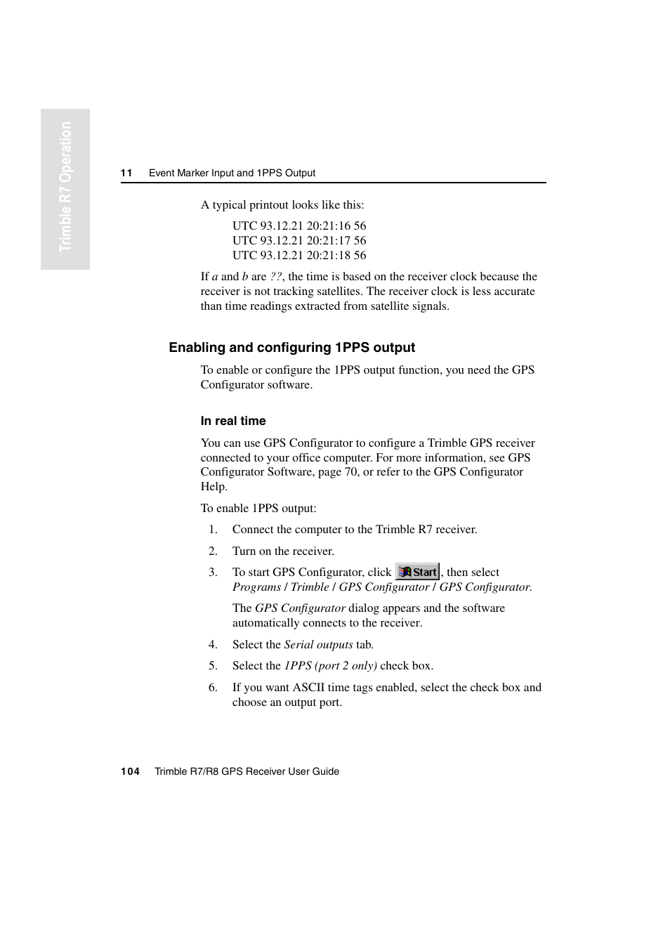 Enabling and configuring 1pps output, Tr imble r7 operation | Trimble Outdoors R7 User Manual | Page 116 / 222