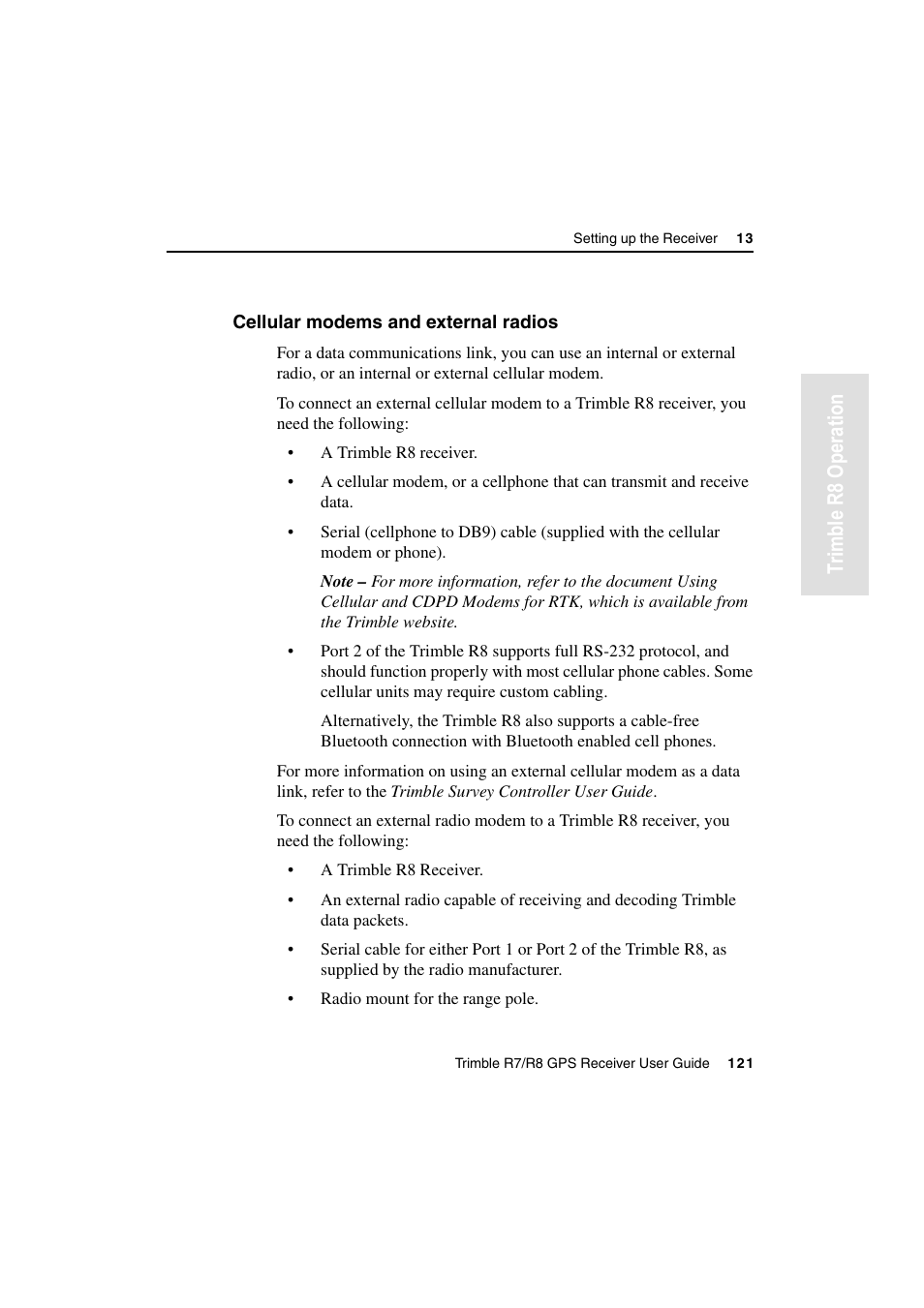 Cellular modems and external radios, Tr imble r8 operation | Trimble Outdoors R7 User Manual | Page 133 / 222