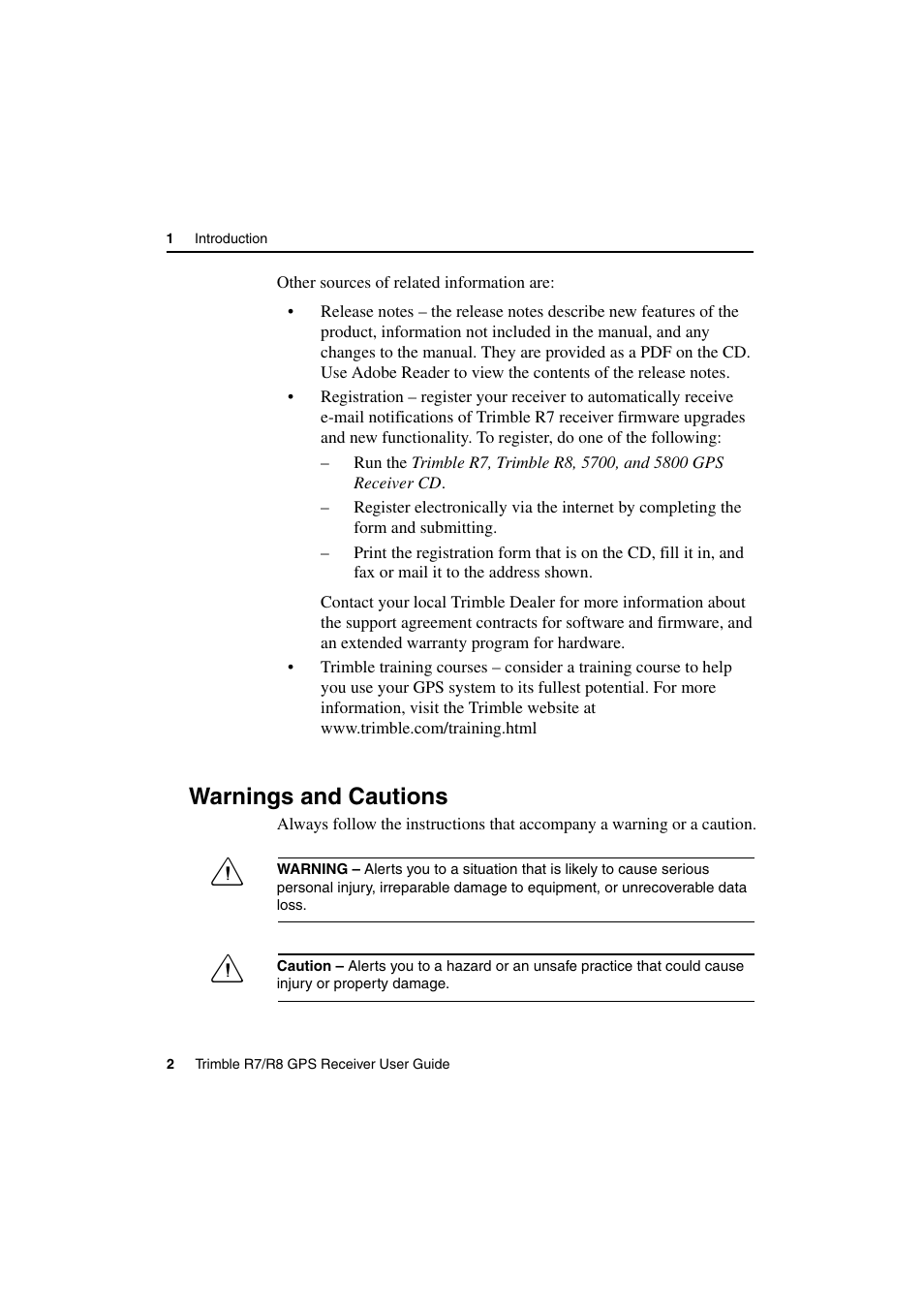 Warnings and cautions | Trimble Outdoors R7 User Manual | Page 14 / 222