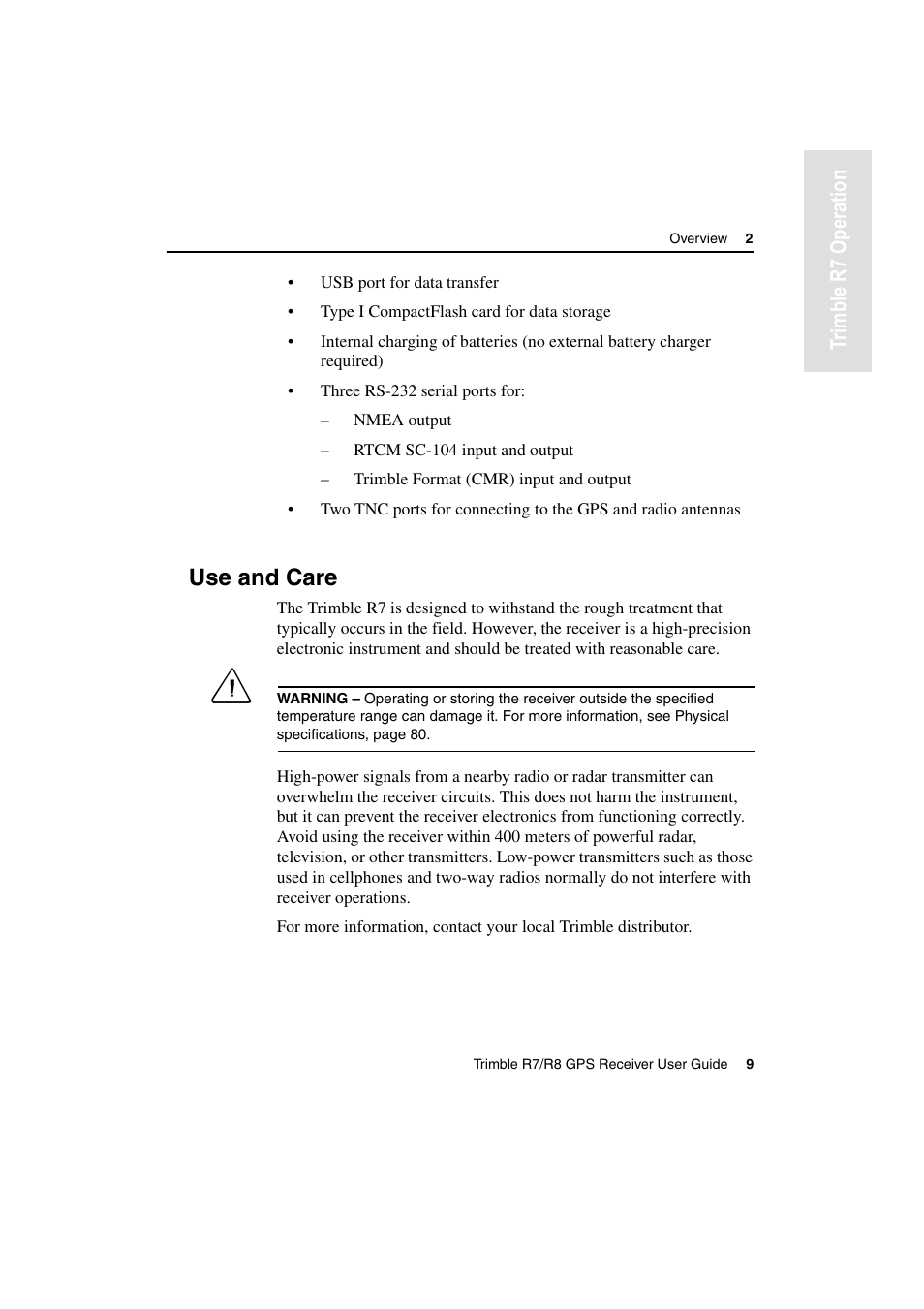 Use and care, Tr imble r7 operation | Trimble Outdoors R7 User Manual | Page 21 / 222