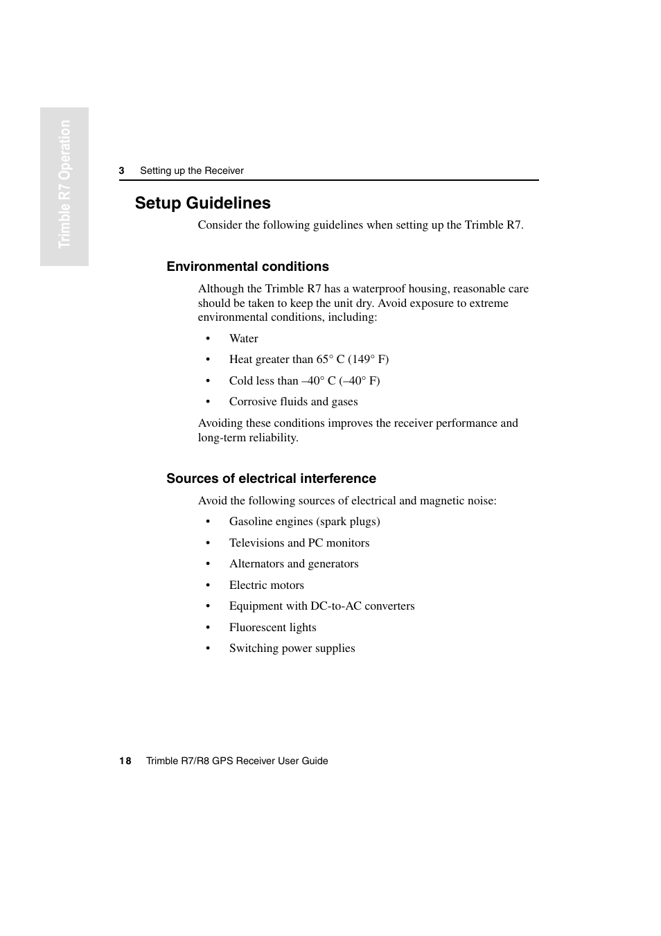 Setup guidelines, Environmental conditions, Sources of electrical interference | Tr imble r7 operation | Trimble Outdoors R7 User Manual | Page 30 / 222
