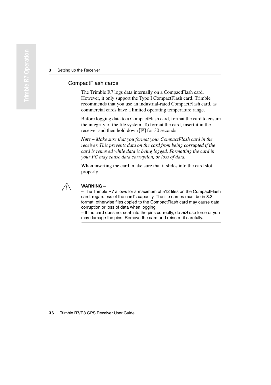 Compactflash cards, Tr imble r7 operation | Trimble Outdoors R7 User Manual | Page 48 / 222