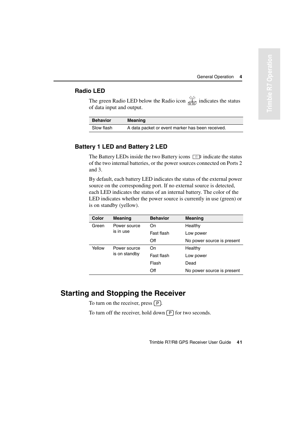 Radio led, Battery 1 led and battery 2 led, Starting and stopping the receiver | Radio led battery 1 led and battery 2 led, Tr imble r7 operation | Trimble Outdoors R7 User Manual | Page 53 / 222