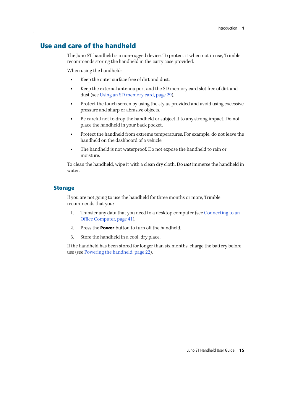 Use and care of the handheld, Storage | Trimble Outdoors JUNO ST handheld User Manual | Page 17 / 82
