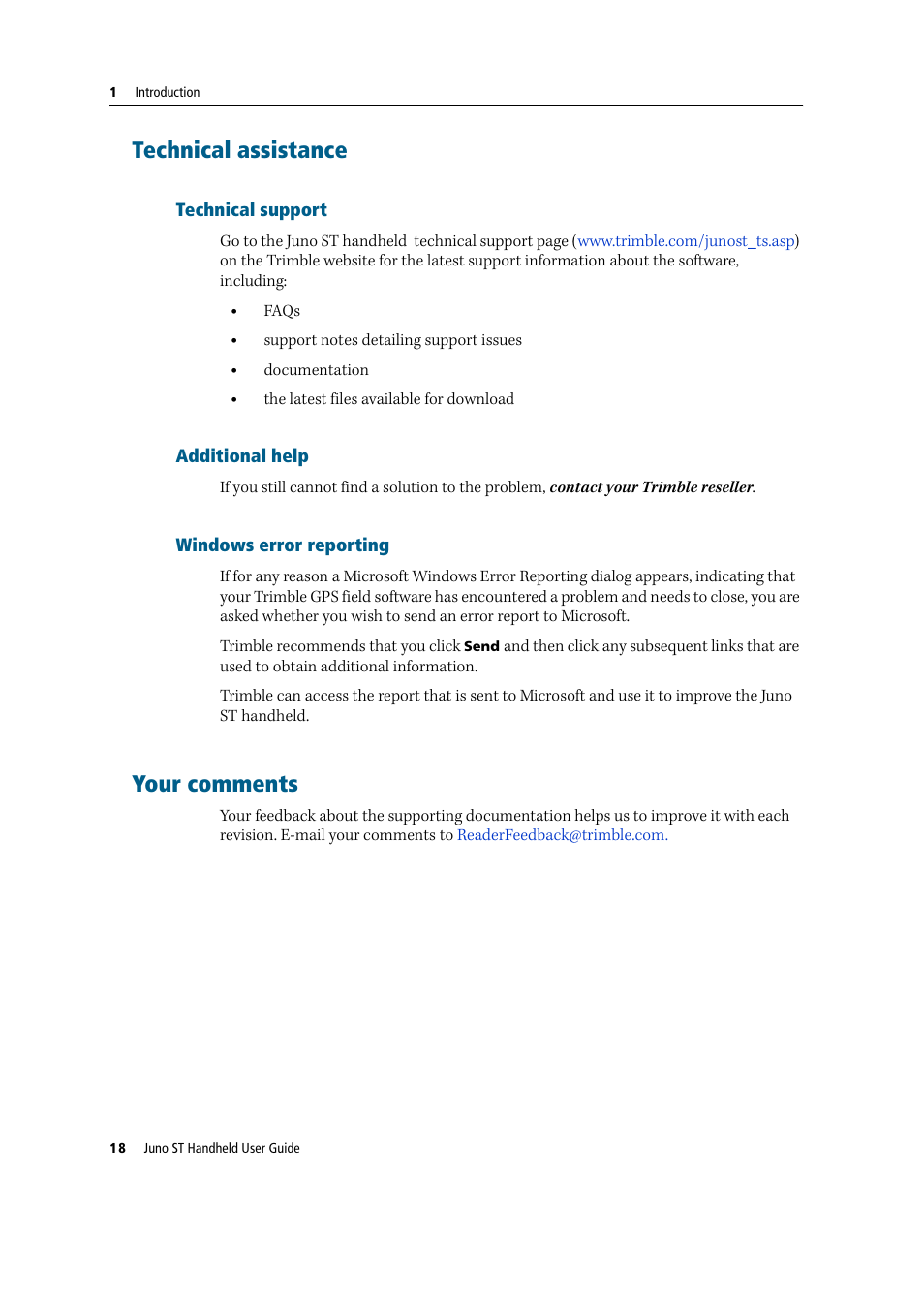 Technical assistance, Technical support, Additional help | Windows error reporting, Your comments | Trimble Outdoors JUNO ST handheld User Manual | Page 20 / 82