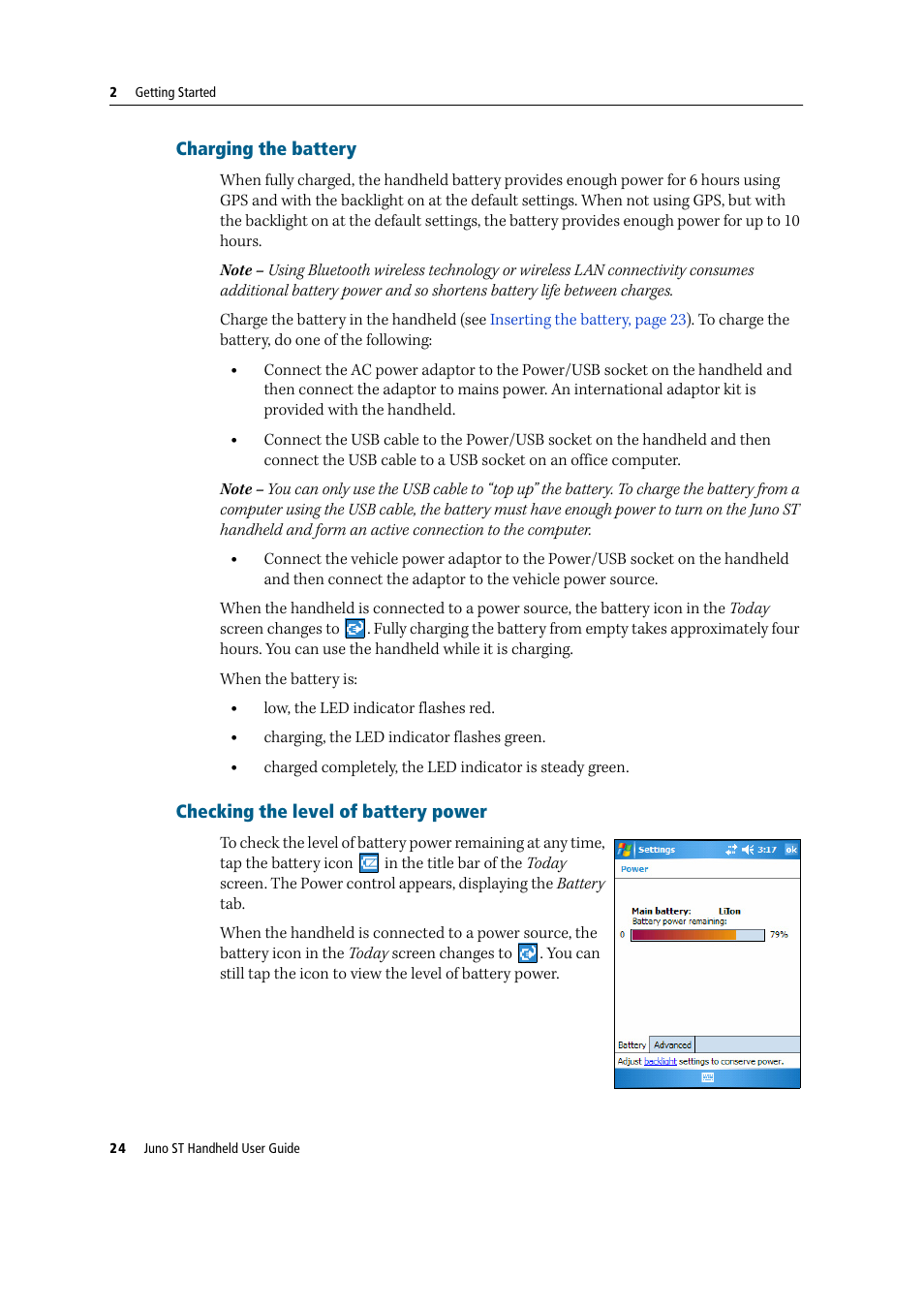Charging the battery, Checking the level of battery power | Trimble Outdoors JUNO ST handheld User Manual | Page 26 / 82