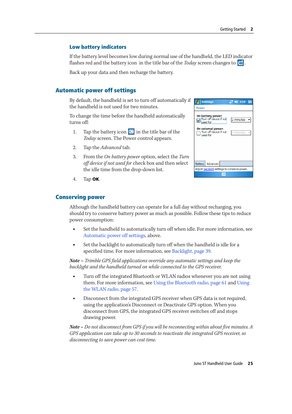 Automatic power off settings, Conserving power, Automatic power off settings conserving power | Trimble Outdoors JUNO ST handheld User Manual | Page 27 / 82