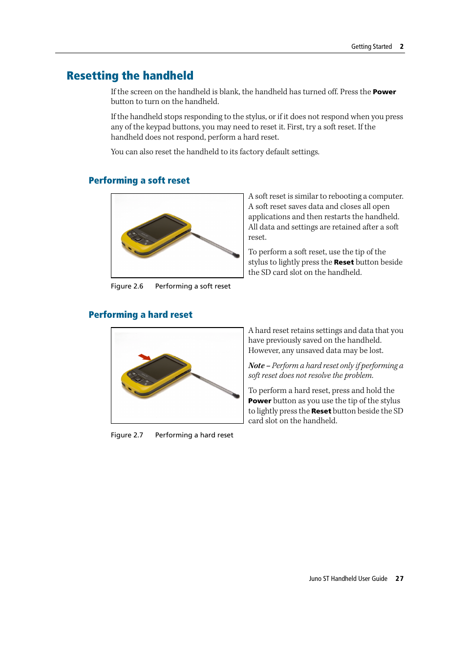 Resetting the handheld, Performing a soft reset, Performing a hard reset | Performing a soft reset performing a hard reset | Trimble Outdoors JUNO ST handheld User Manual | Page 29 / 82