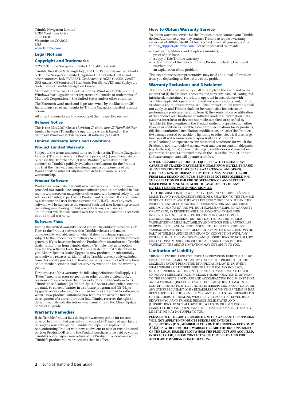 Legal notices | Trimble Outdoors JUNO ST handheld User Manual | Page 4 / 82