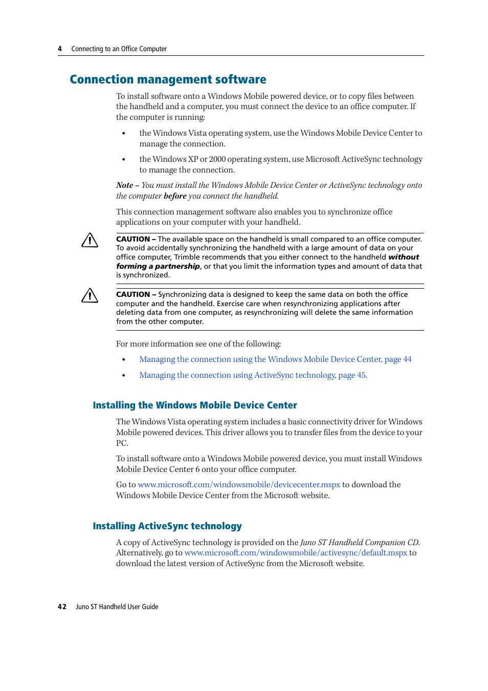 Connection management software, Installing the windows mobile device center, Installing activesync technology | Trimble Outdoors JUNO ST handheld User Manual | Page 44 / 82