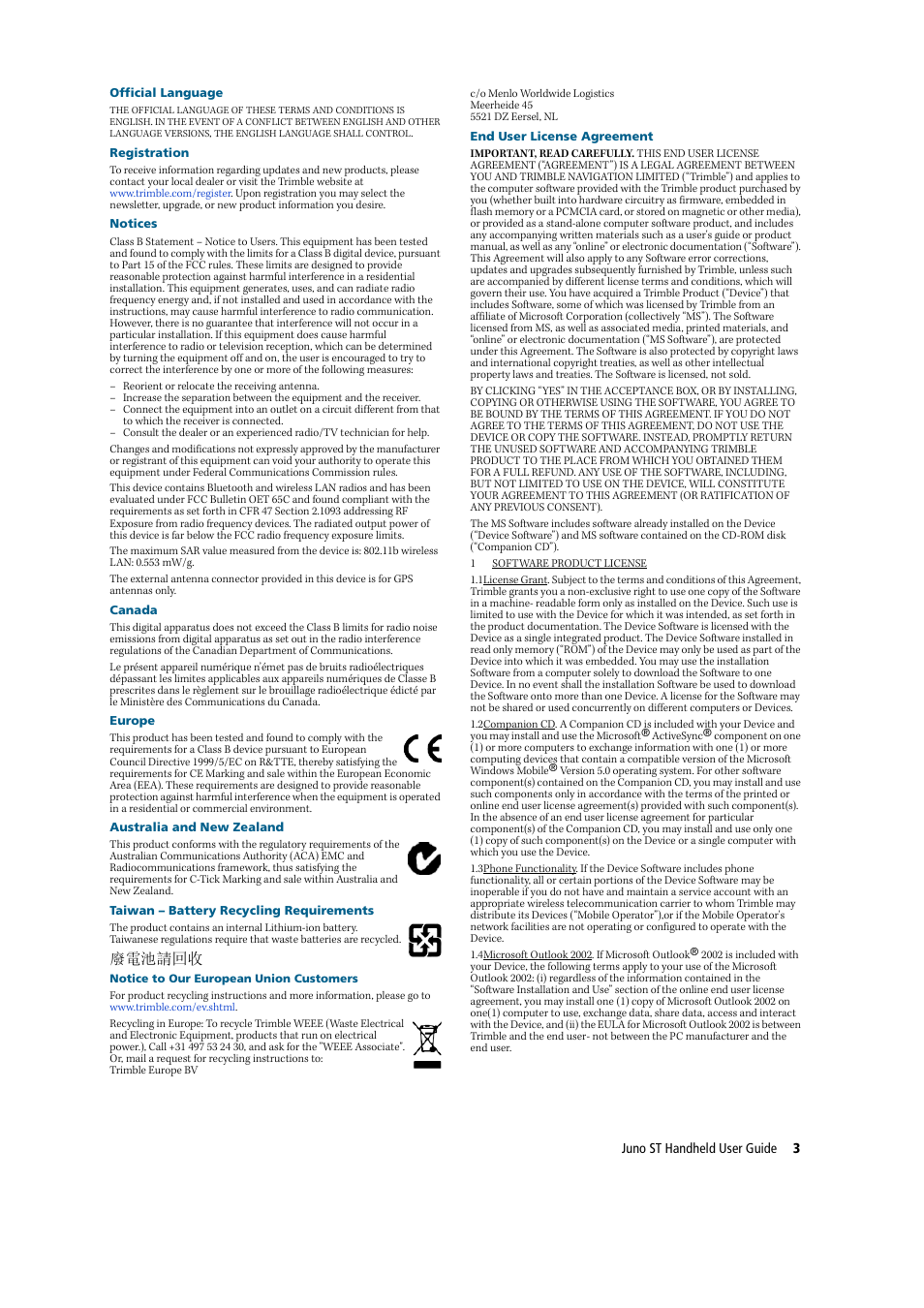 廢電池請回收 | Trimble Outdoors JUNO ST handheld User Manual | Page 5 / 82