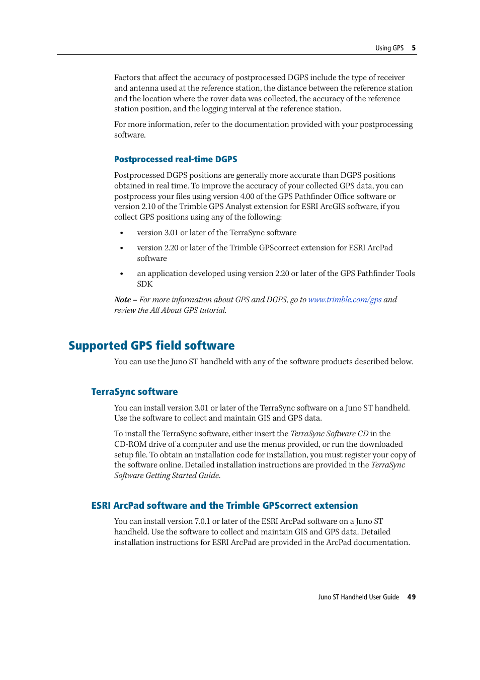 Supported gps field software, Terrasync software | Trimble Outdoors JUNO ST handheld User Manual | Page 51 / 82