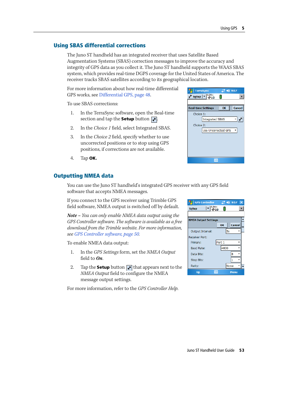 Using sbas differential corrections, Outputting nmea data | Trimble Outdoors JUNO ST handheld User Manual | Page 55 / 82
