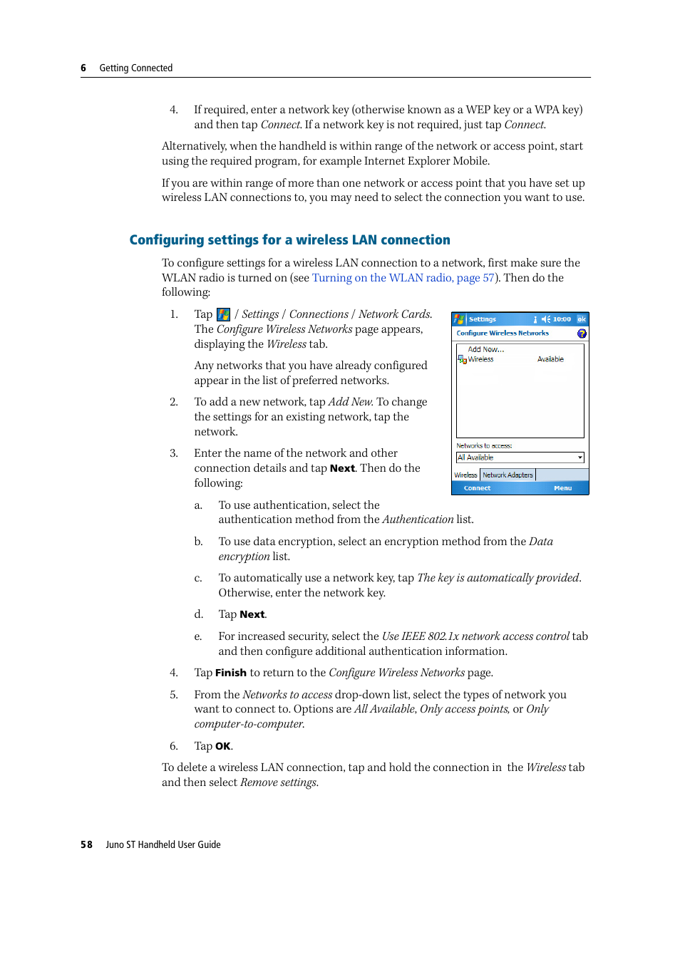 Configuring settings for a wireless lan connection | Trimble Outdoors JUNO ST handheld User Manual | Page 60 / 82