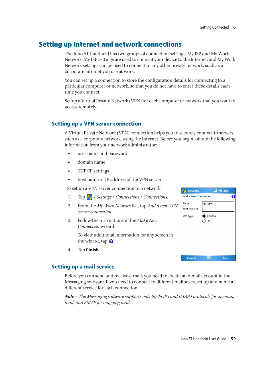 Setting up internet and network connections, Setting up a vpn server connection, Setting up a mail service | Setting up a vpn server | Trimble Outdoors JUNO ST handheld User Manual | Page 61 / 82