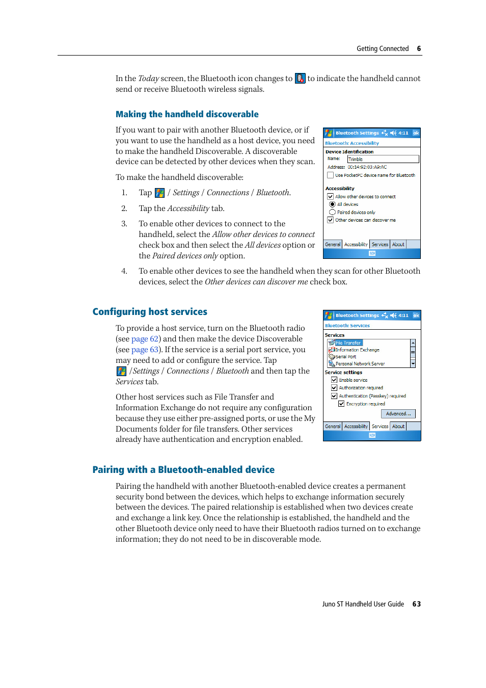 Configuring host services, Pairing with a bluetooth-enabled device | Trimble Outdoors JUNO ST handheld User Manual | Page 65 / 82