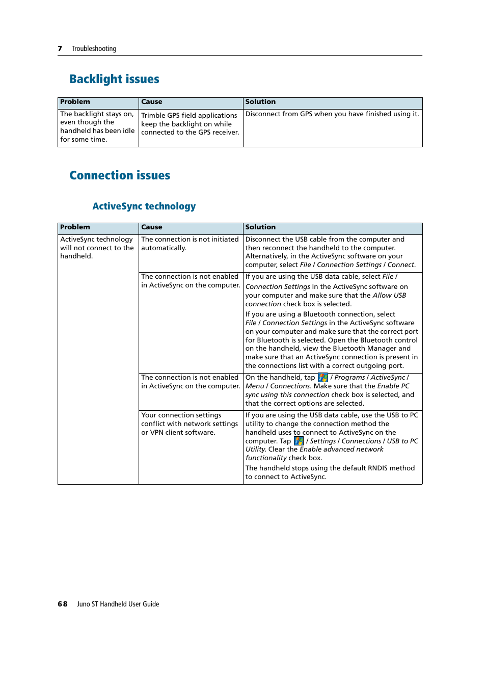 Backlight issues, Connection issues, Activesync technology | Backlight issues connection issues | Trimble Outdoors JUNO ST handheld User Manual | Page 70 / 82