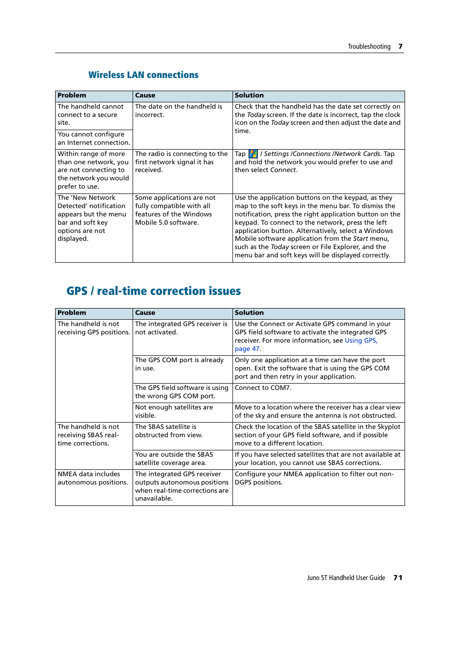 Wireless lan connections, Gps / real-time correction issues | Trimble Outdoors JUNO ST handheld User Manual | Page 73 / 82
