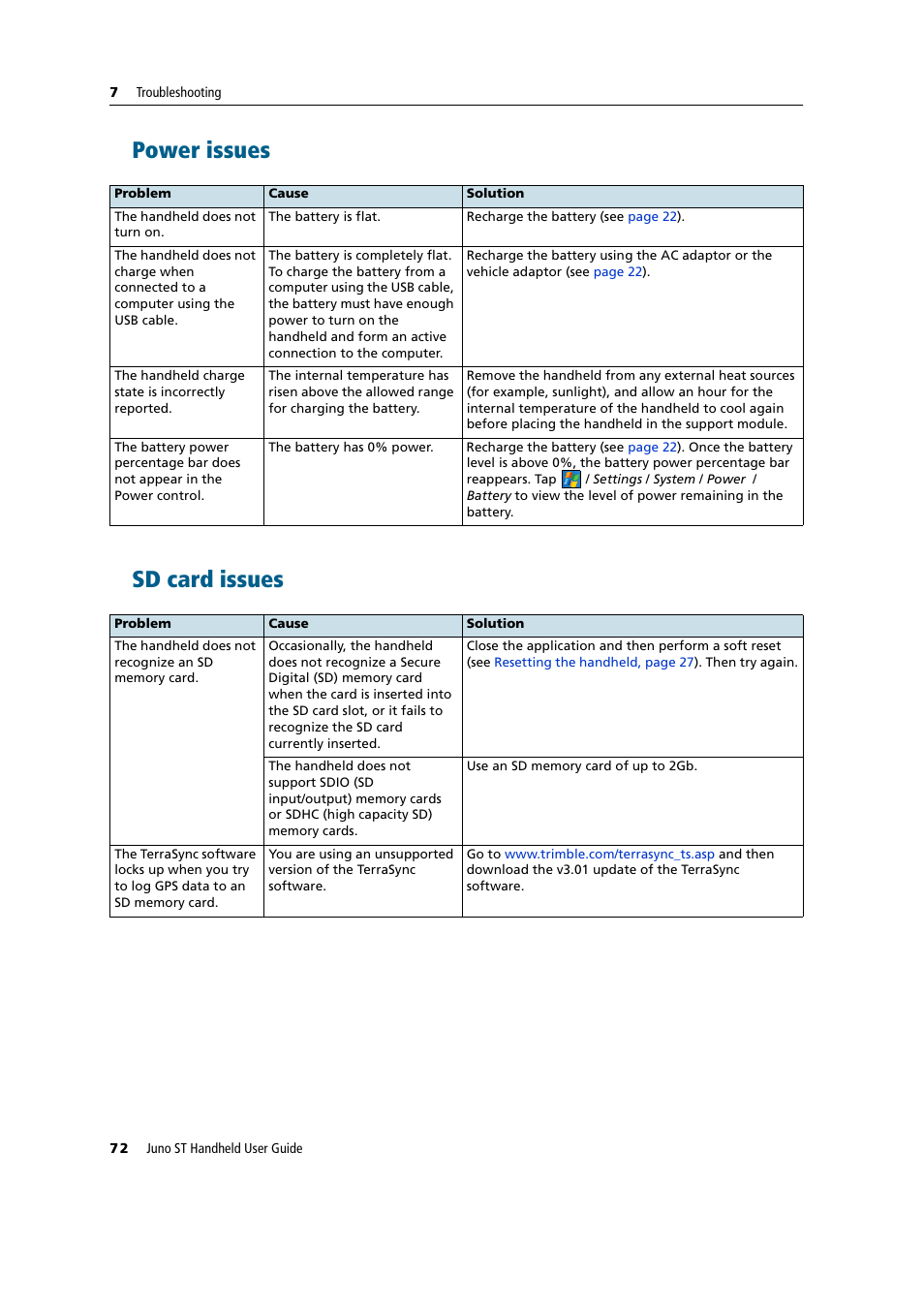 Power issues, Sd card issues, Power issues sd card issues | Es (see | Trimble Outdoors JUNO ST handheld User Manual | Page 74 / 82