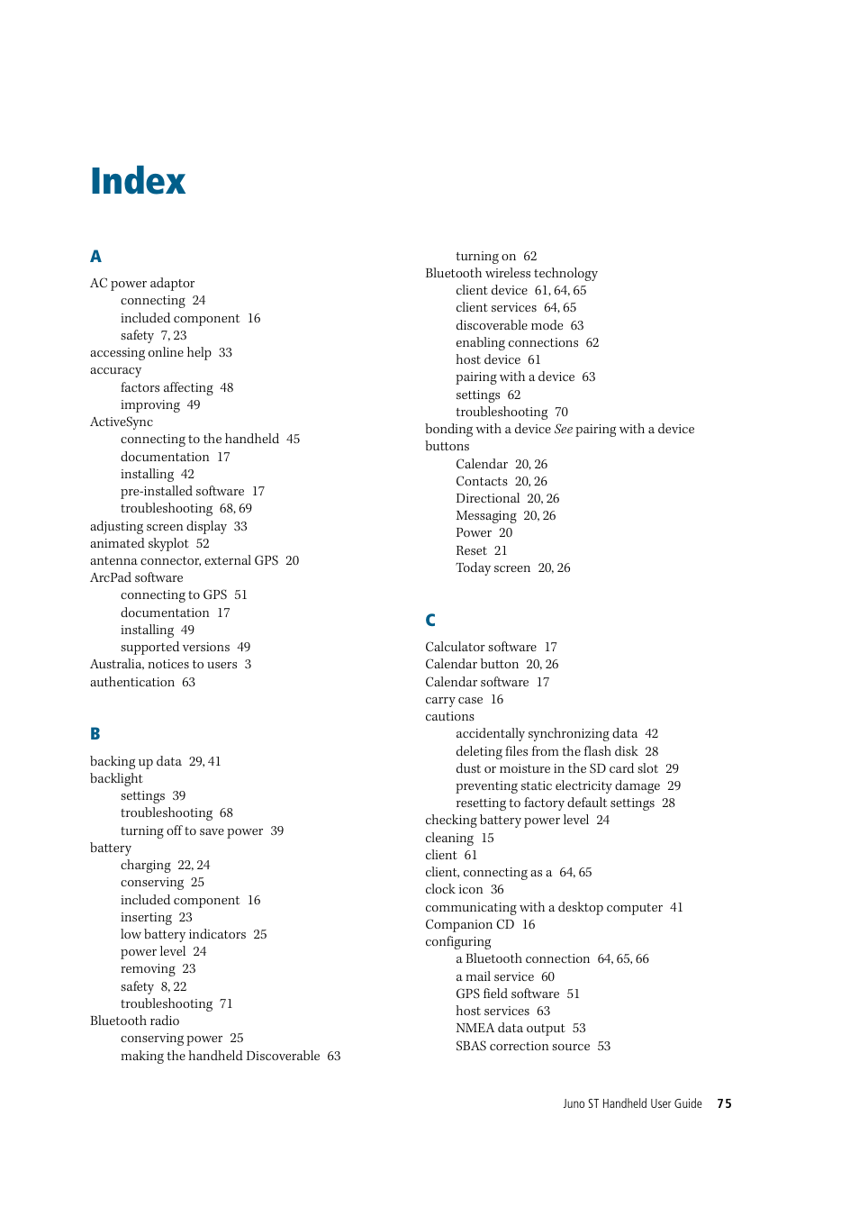 Index | Trimble Outdoors JUNO ST handheld User Manual | Page 77 / 82