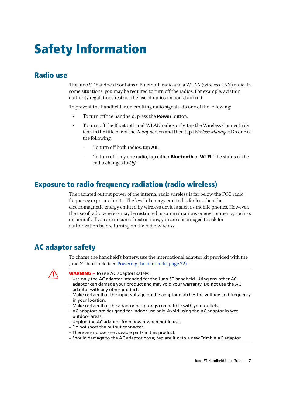 Safety information, Radio use, Ac adaptor safety | Trimble Outdoors JUNO ST handheld User Manual | Page 9 / 82