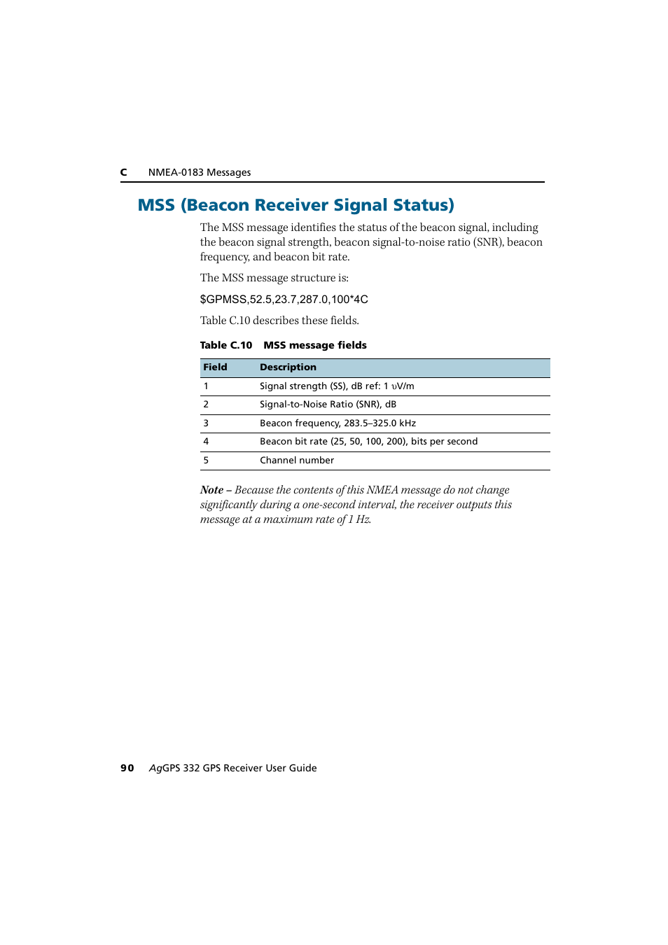 Mss (beacon receiver signal status) | Trimble Outdoors AgGPS 332 User Manual | Page 100 / 126