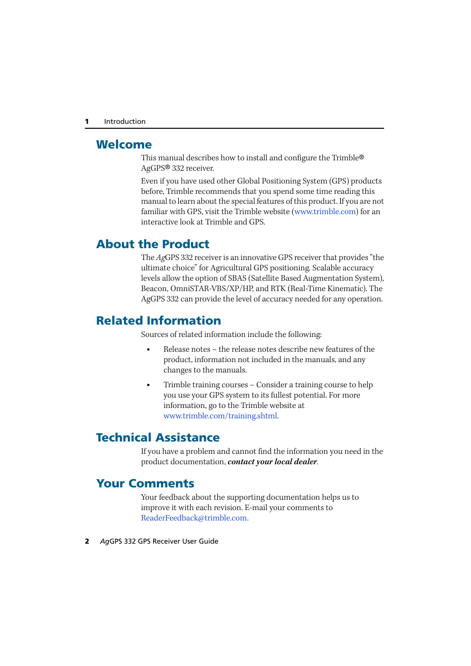 Welcome, About the product, Related information | Technical assistance, Your comments | Trimble Outdoors AgGPS 332 User Manual | Page 12 / 126