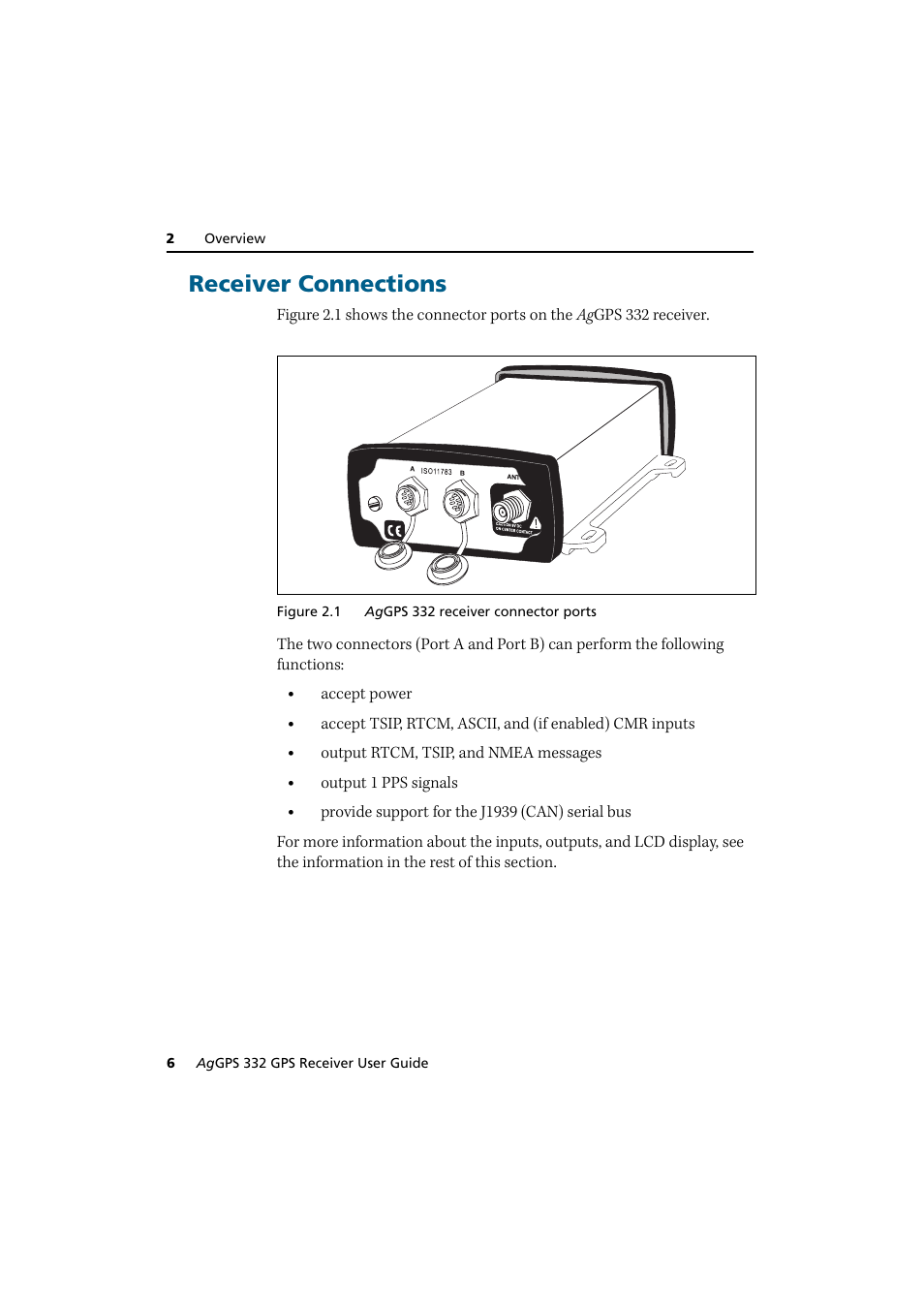 Receiver connections | Trimble Outdoors AgGPS 332 User Manual | Page 16 / 126