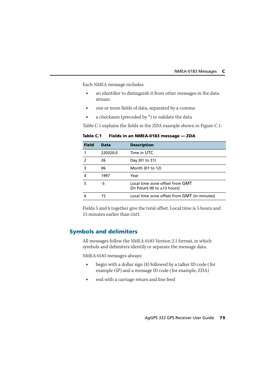Symbols and delimiters | Trimble Outdoors AgGPS 332 User Manual | Page 89 / 126