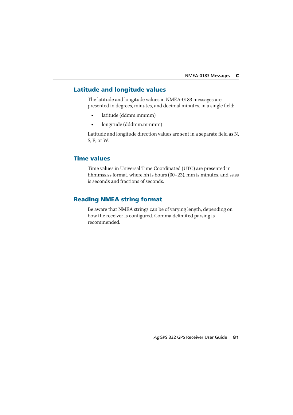 Latitude and longitude values, Time values, Reading nmea string format | Trimble Outdoors AgGPS 332 User Manual | Page 91 / 126