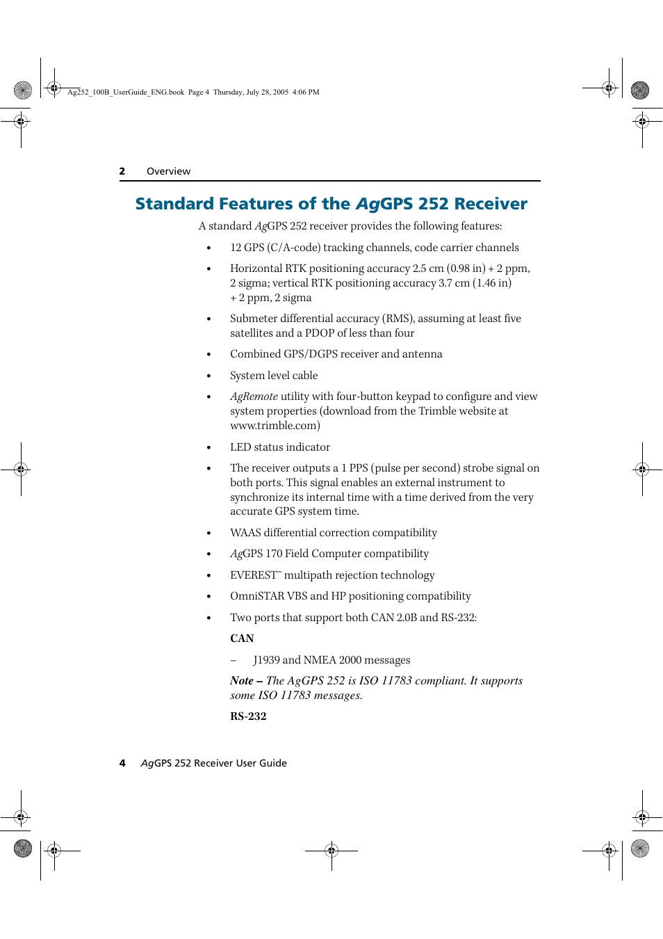 Standard features of the, Standard features of the aggps 252 receiver, Standard features of the ag gps 252 receiver | Trimble Outdoors AgGPS 252 User Manual | Page 10 / 72